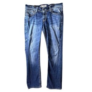 BKE Payton Bootcut Jeans Women 32x33.5 Medium Wash Distressed Thick Stitch Denim